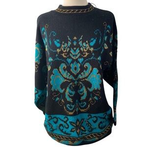 VINTAGE 80s baggy acrylic sweater JUSTIN ALLEN teal gold and black fits M/L